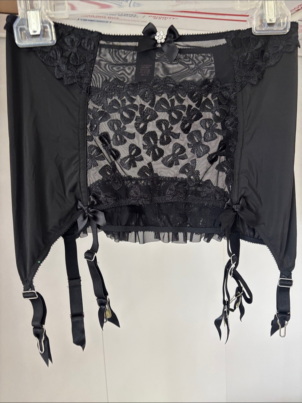 Black Lace Floral Garter Belt with Bow Accent